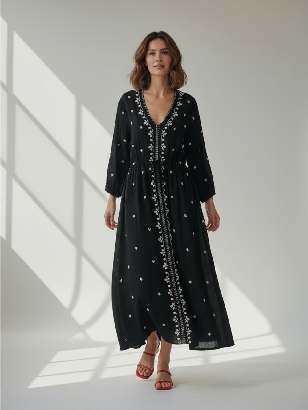 Natural Life L Ecru Embroidery On Black Crinkled Maxi Dress Flowy Dark Romance